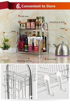 

New Kitchen Spice Racks 2-Tier Seasoning Shelf Organizer Seasoning Jars Bottle Knife Rack with Hooks Stainless Steel Storage Hol