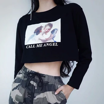 

Autumn Fashion Women Long Sleeve Crop Top Tees 2020 Angel Print Black Cotton Loose Pullover Tops Lady Casual Streetwear T Shirt