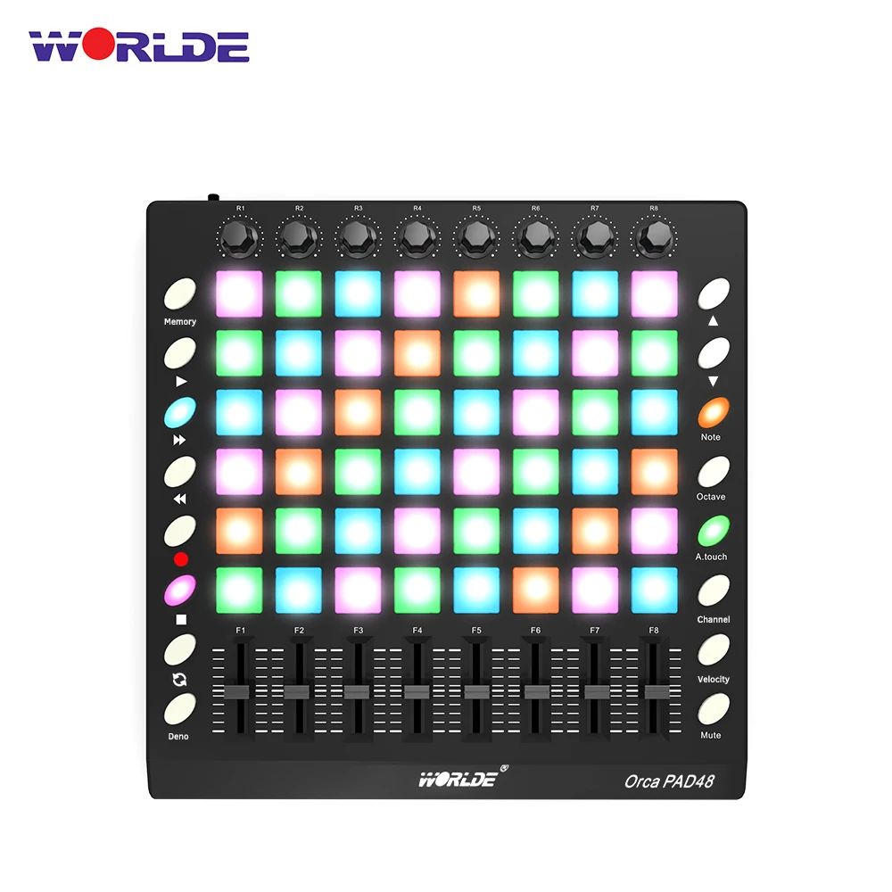 WORLDE PAD48 Портативный USB MIDI контроллер барабанных колодок 48 RGB колодки с подсветкой 8 ручек 16 кнопок 8 слайдеров музыкальный инструмент