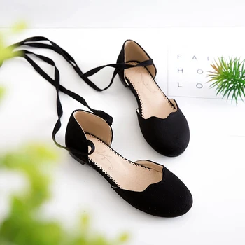 

Girl Mori Line Fairy Sandals Summer New Suede Cross Strap Round Toe Flat Ballet Cute Sweet Large Size Women's Kawaii Lolita Shoe