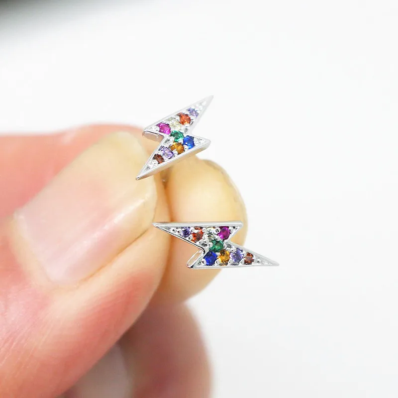 

Silvology Colorful Zircon Lightning Small Stud Earrings 925 Sterling Silver Elegant Earrings for Women Mini Friendship Jewelry