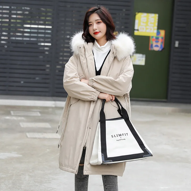

Large Size Dress Drawstring Cotton Coat Parka Fashion Big Brand Long Warm Cold Cotton-padded Clothes Large Pocket Large Fur Coll