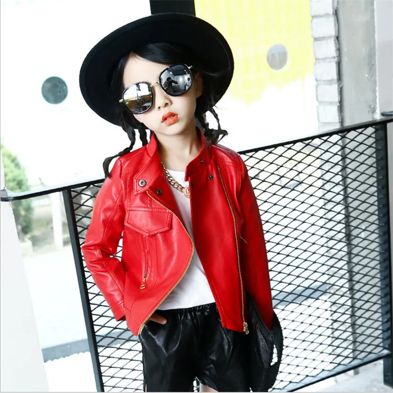 Girls Faux Leather Jacket Coat Fashion Zipper Turn Collar Pu Jackets Children Warm Outerwear 6 8 10 12 teenager girl clothes - Цвет: red plus velvet