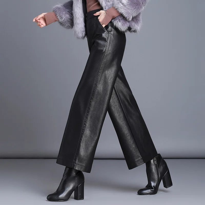 

Short Wide-Leg PU Leather Pants Women's 2019 New Style Autumn And Winter Loose Pants Loose-Fit Pendant Sense High-waisted Large