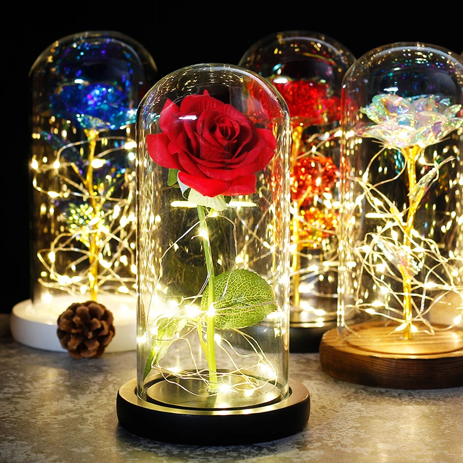 Beauty and the Beast Rose LED Light Dome on a Wooden Base for Interior