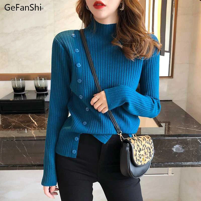 Women Long Sleeve Sweater 2021 New Autumn Winter Knitted Button Turtleneck Tops Elasticity Pullovers Ladies Sexy | Женская одежда