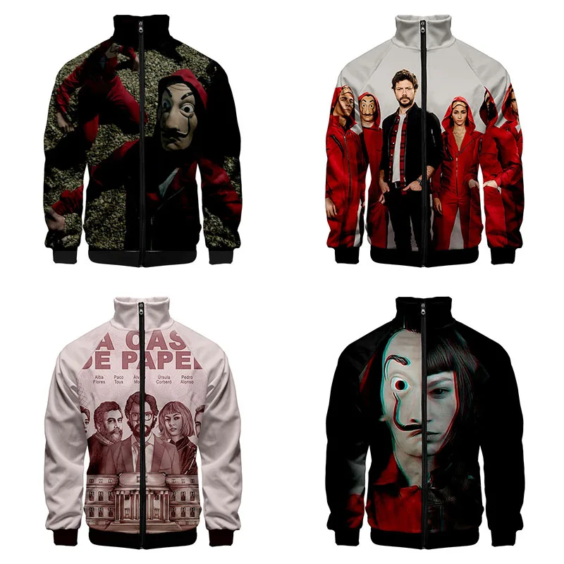 Продажа font b Money b font Heist The House of Papel 3d Толстовка с воротником стойкой для мужчин и женщин толстовки на молнии куртки Homme 3D толстовки Топ