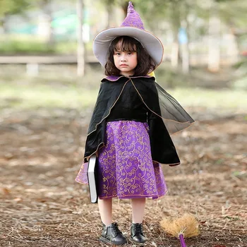 

Girl's Witch Stage Performance Wearing Purple Dress and Hat and Cloak 3pcs Witch Suit for Halloween Theme Party Carnival Party