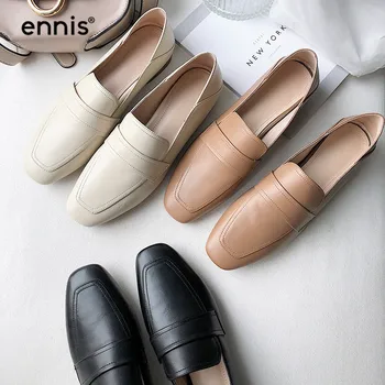 

ENNIS 2020 Spring Genuine Leather Boat Shoes Women Casual Shoes Flat Loafers Black Beige Brown Fashion Designer Female NEW C0009