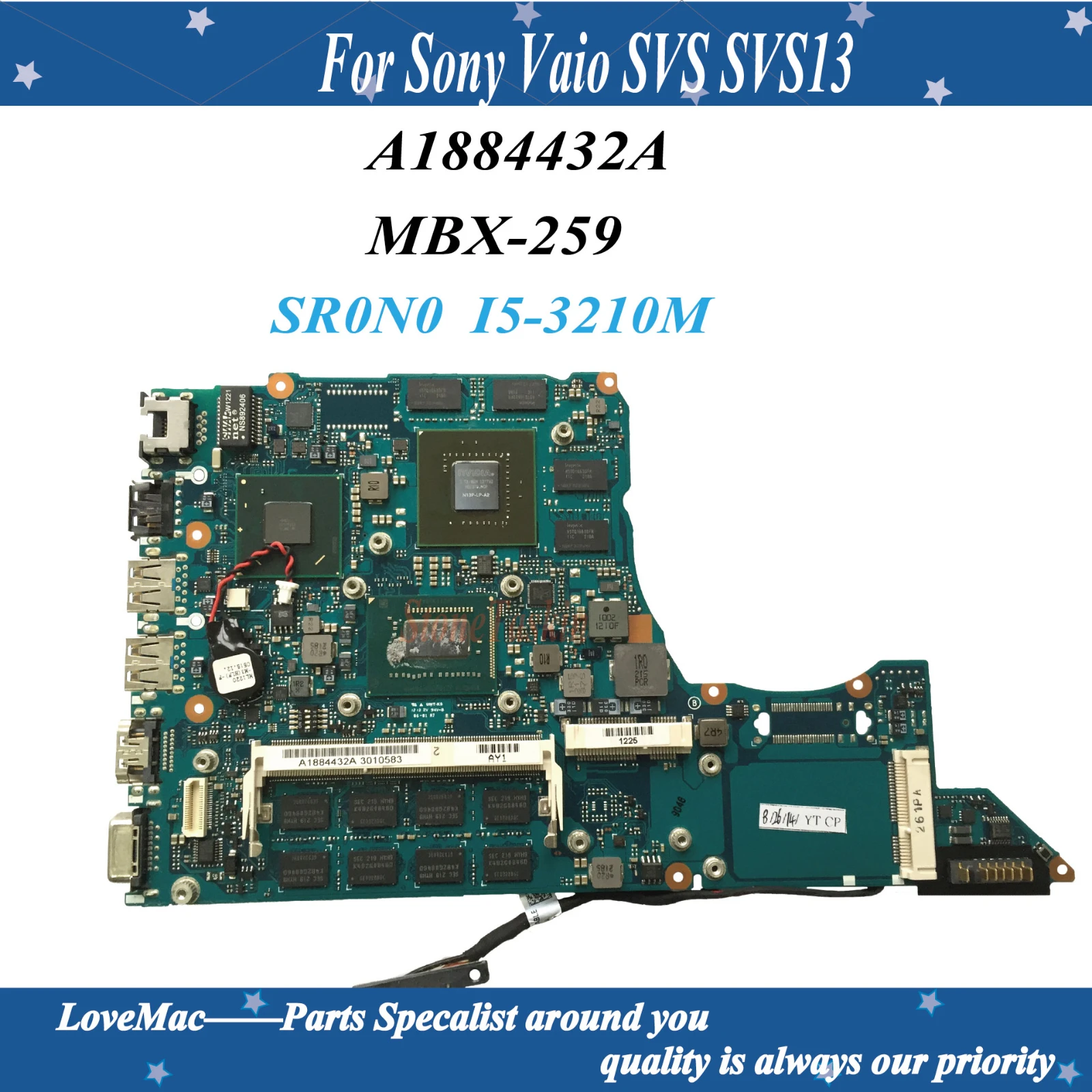 High quality A1884432A For Sony Vaio SVS SVS13 Laptop Motherboard MBX-259 SR0N0 I5-3210M HM76 N13P-LP-A2 2GB DDR3L 100% tested | Компьютеры