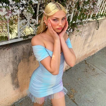 

Chicology off shoulder mesh patchwork bodycon mini dress women 2020 ruched sexy short clothes party club lady casual streetwear