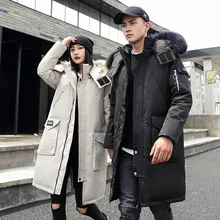 

FOR -30 Degree Winter Long Style Couple White Duck Down Jacket Thicken Warm Snow Coats Men Fashion Hooded Big Fur Collar
