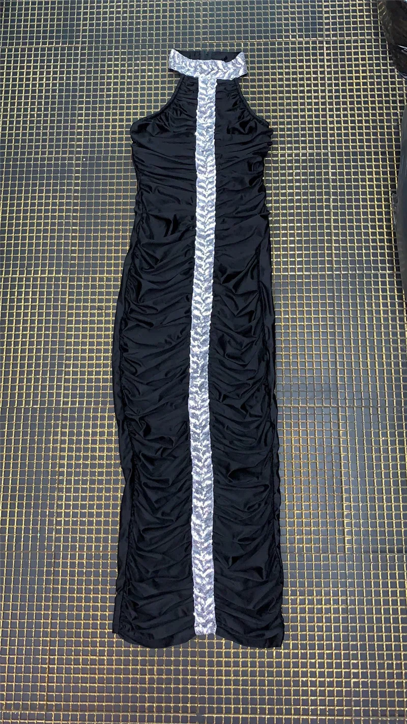 Черный Холтер без рукавов без спинки плиссированные Sequin Bodycon лодыжки длина Bodycon женское вечернее платье