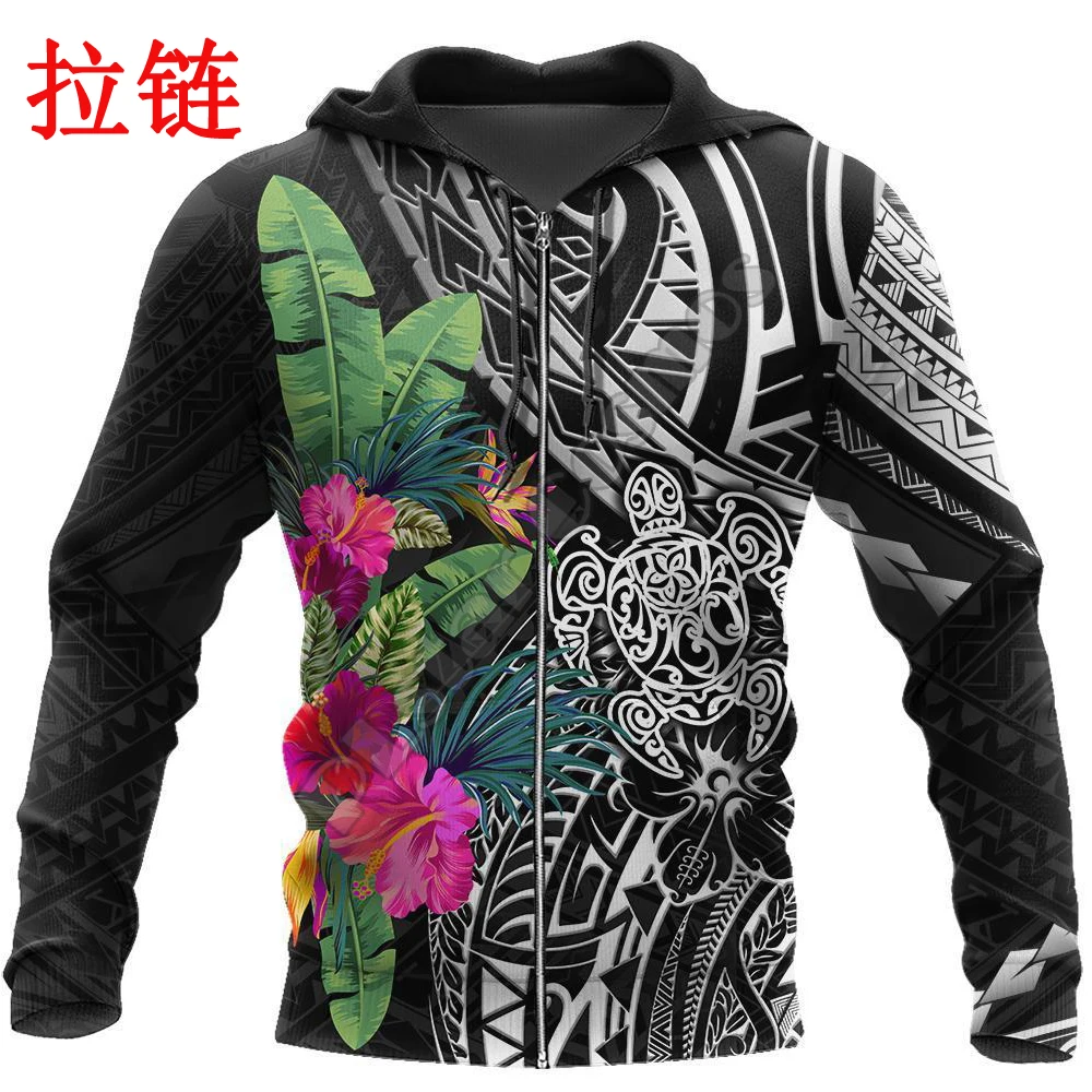 Autumn Hoodies Pohnpei Polynesian Turtle Tattoo & Flowers 3D Printed Unisex Zip Pullover Casual Harajuku Streetwear DW0406