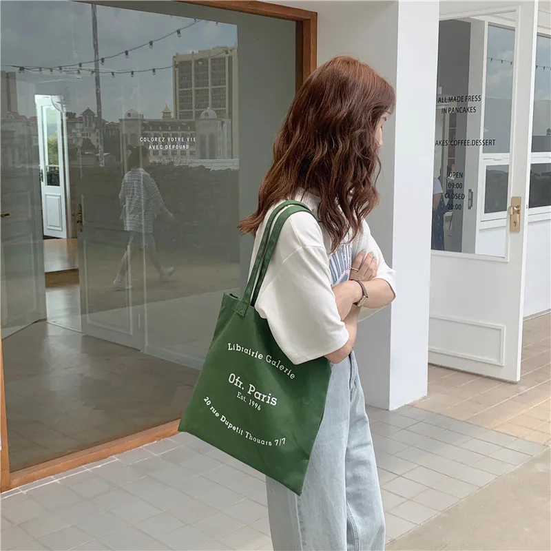 Women Canvas Shoulder Bag Paris Letters Print Shopping Bag Eco Cotton Linen Shopper Bags Cloth Fabric Handbag Tote For Girls