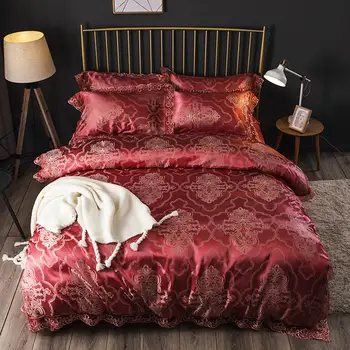 

60s High precision Pure Silk Cotton Satin Luxury Jacquard Bedding Set Duvet cover Red Bed Spread Pillowcase Queen King 4Pcs