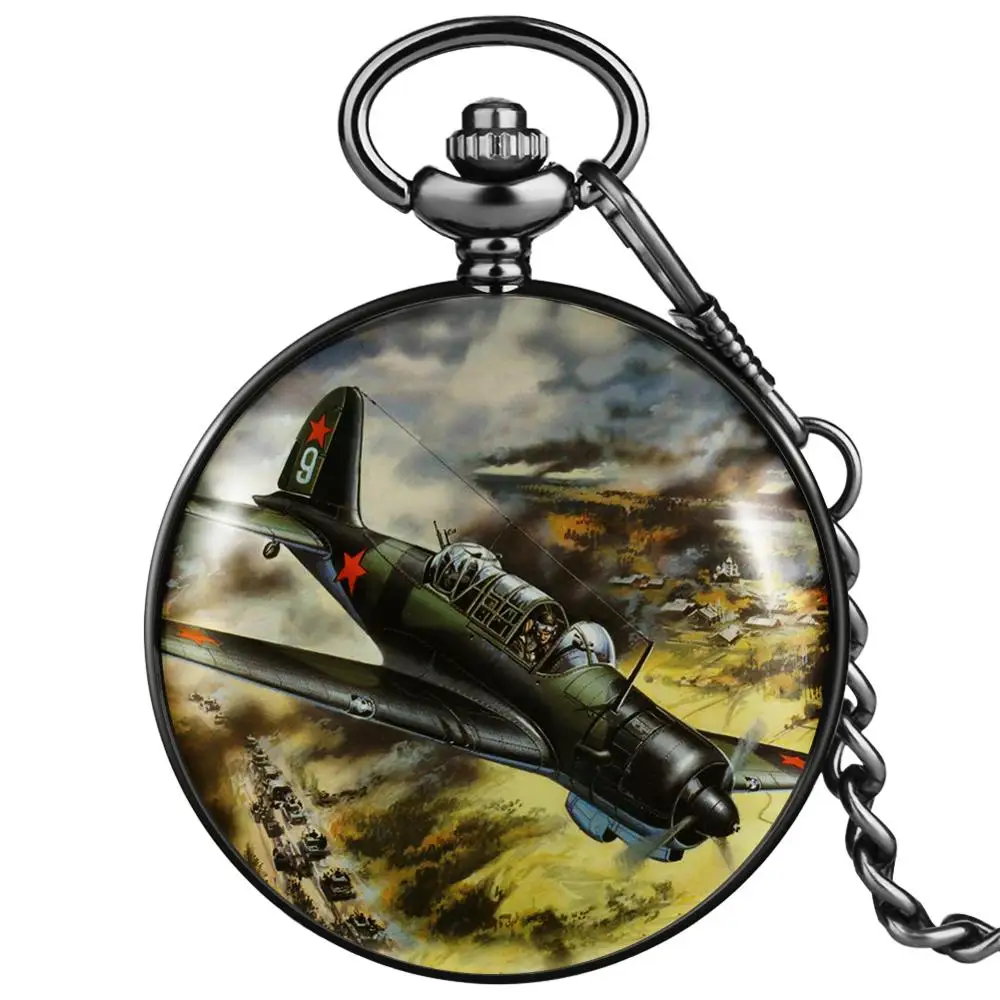 Spitfire Fighter 3D, reloj de bolsillo de cuarzo con impresión de avión de la Segunda Guerra Mundial, cadena de joyería militar, regalos de recuerdo para hombres y mujeres