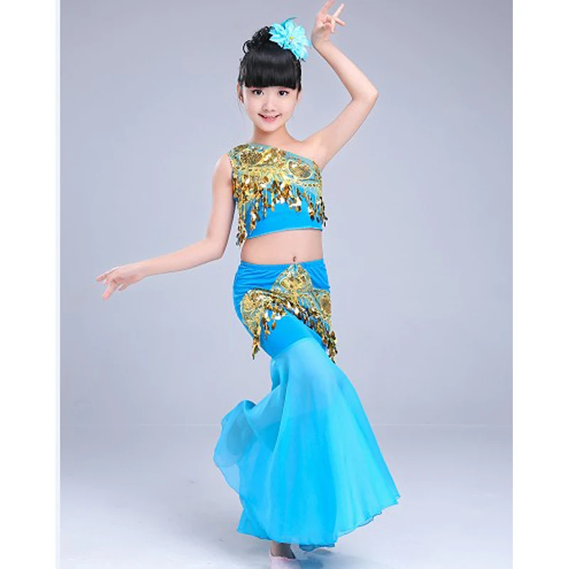 Детские костюмы для танца живота для девочек, 3 шт., женский жилет с открытыми плечами, юбка в виде рыбьего хвоста, дизайн с блестками, детская одежда для костюмированной вечеринки - Цвет: Sky blue set