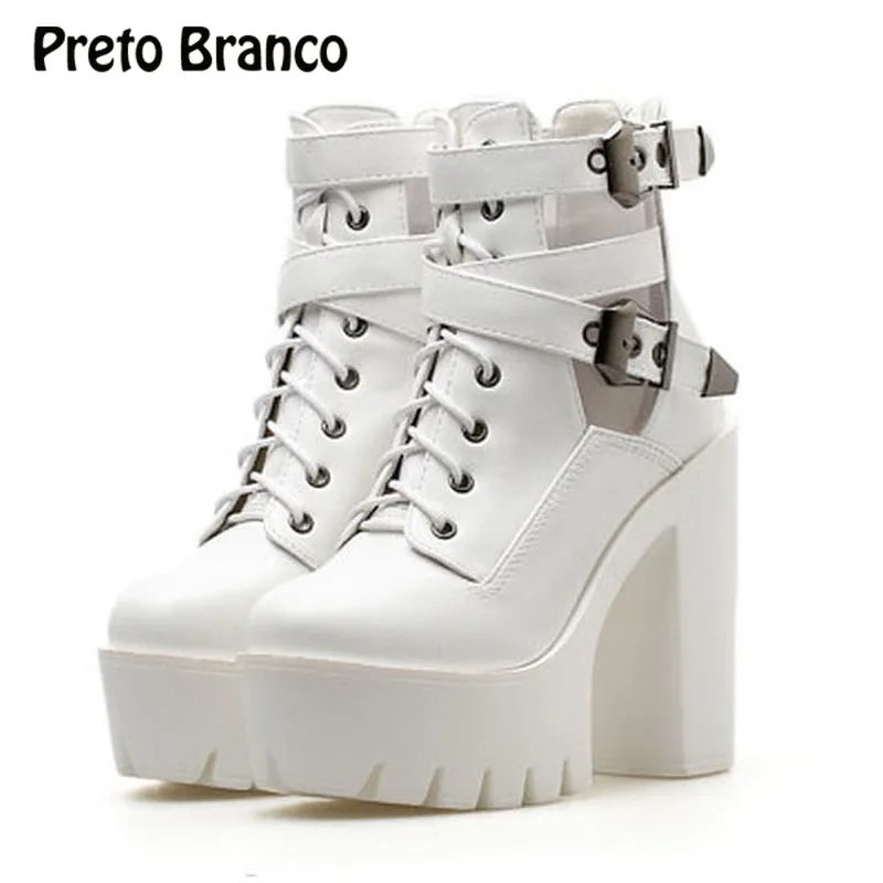 

PRETO BRANCO Women Super High Heels Martin Boots Real Shot Spot Thick Belt Buckle Ankle Boots Platform women JXQ-518-1