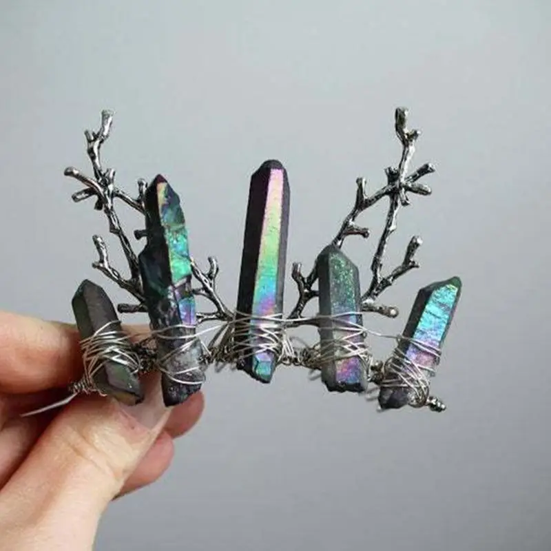 Boho arco-íris artesanal quartzo pente de cabelo