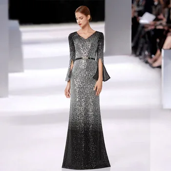 

Gray Sequins Women Qipao Elegant Stage Show Performance Cheongsam Sexy Sequin Full Length Dresses Gown V-Neck Clothing