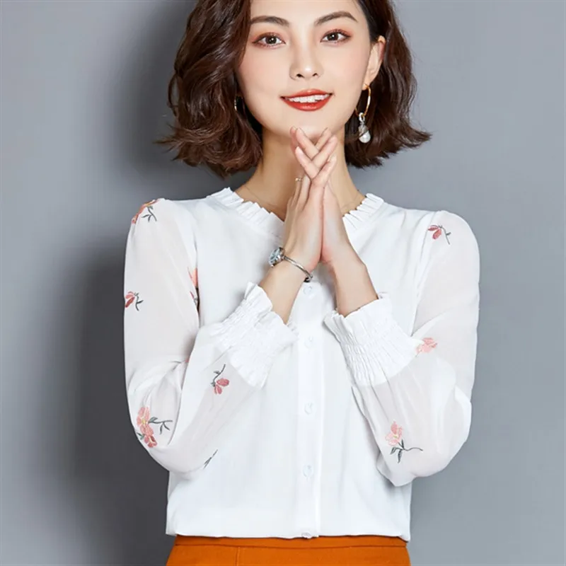 

2019 Spring Womens Tops and Blouses Embroidery Casual Chiffon Long Sleeve Stand Female New Shirt Lady Loose Chemise Femme Blusa