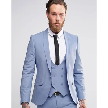 

Custom Made Light Blue Men Suits Double Breasted Blazer Slim Fit Skinny 3 Piece Groom Tuxedos Wedding Suits (Jacket+Pant+Vest)