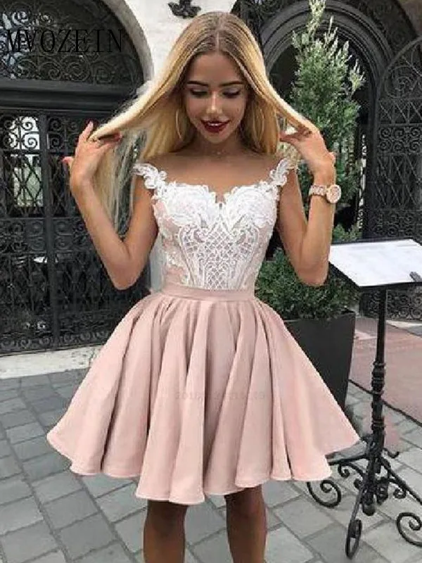 same as image Платья для выпускного вечера, Короткие вечерние платья, круглый вырез, без рукавов, атласное, а-силуэт, платье для выпускного вечера, кружевные аппликации, Vestidos - Цвет: same as image