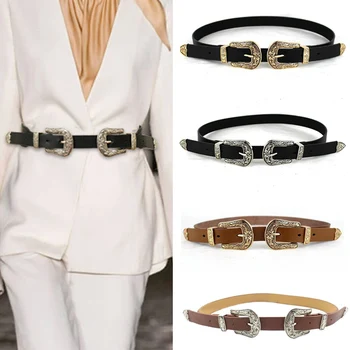 

Women Black Leather Western Cowgirl Waist Belt Single/Double Metal Buckle Waistband High Quality Ladies Luxury Designer Belts