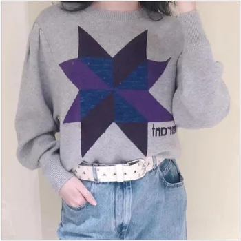 

Women Sweater 2019 Autumn and Winter New Pullover Loose Round Neck Geometric Sweater