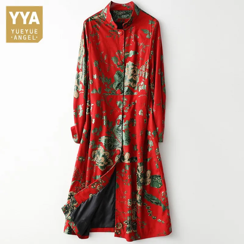 

Chinese Style Printed Stand Collar Single Breasted Womens Trench Coats Genuine Leather Sheepskin Slim Fit Female Long Jackets