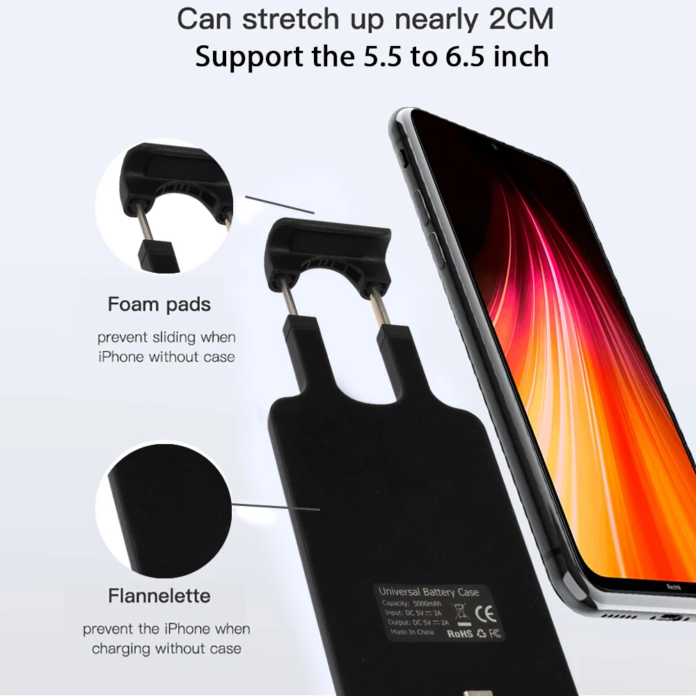 Для Xiaomi Redmi Note 8T чехол для зарядного устройства 5000 мАч запасное зарядное устройство Внешний аккумулятор чехол для аккумулятора расширяемый до 6,5 дюймов чехол для телефона