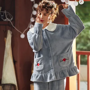 

Fdfklak Coral fleece pajamas autumn winter plus velvet ladies flannel home suit cute cartoon pyjamas women new hooded pijama set
