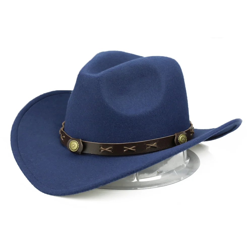 Navy Jazz Cap YY из искусственной кожи ремень ковбойские шляпы для женщин зимние теплые ковбойские мужские обжимные поля Джаз Fedora ковбой Hoed Vrouwen FD19055 - Цвет: Navy Jazz Cap