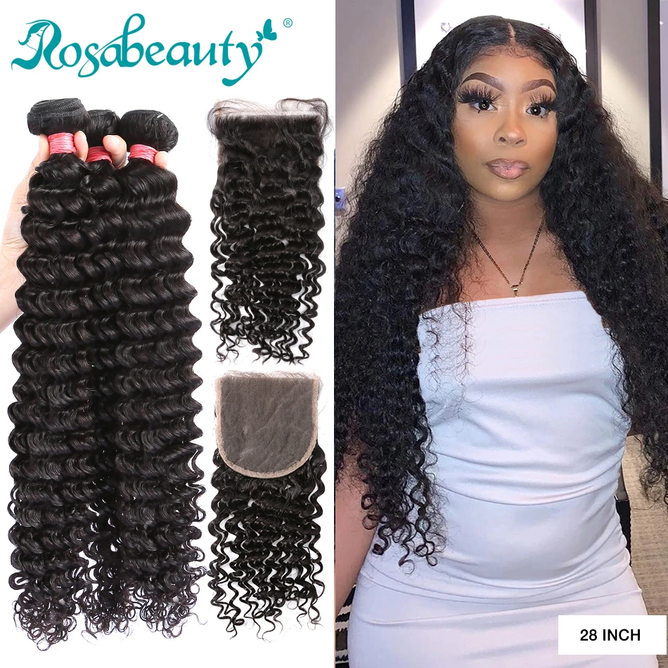 Rosabeauty 28 30 дюймов глубокая волна пряди с закрытием перуанские Remy человеческие