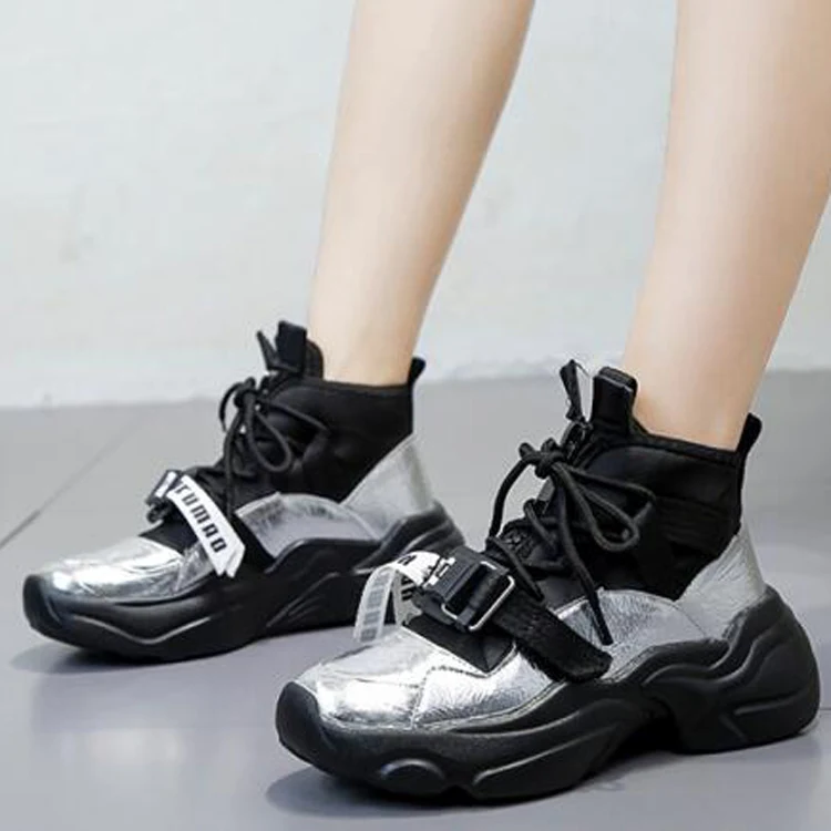 Черные и Серебристые Нескользящие блестящие высокие кроссовки на платформе