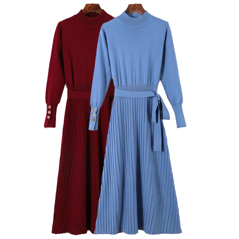 

Turtleneck Long Women Dress 2019 Autumn Winter Warm Dress With Sashes A Line Knitted Pullover Sweater Dresses Pull Femme