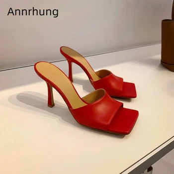 

Sexy 2020 Square Open Toe Slippers Women Thin High Heels Genuine Leather Fashion Runway Mules Party Shoes Woman Zapatos Mujer