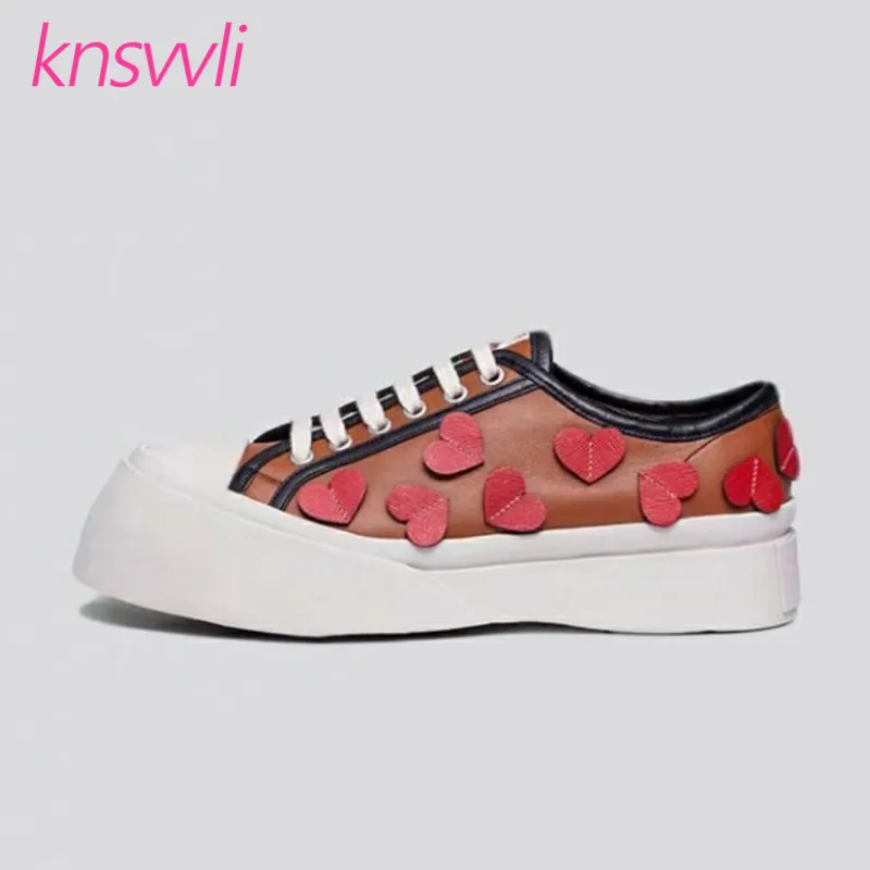 

New Genuine Leather Platform Shoes Woman Love Decor Big Round Toe Casual Shoes Ladies Lace Up Thick Sole Zapatos De Mujer