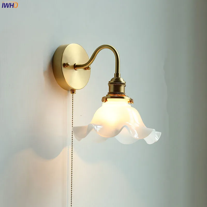 Iwhd Lampade Da Parete A Led In Vetro Bianco Pull Chain Switch Camera Da Letto Specchio Da Bagno Rame Nordic Applique Da Parete Lampada Da Parete Lumi