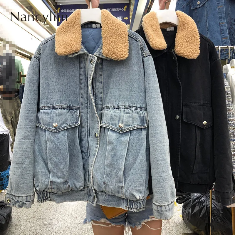 

Winter Lamb Fur Parka Womens New Korean Detachable Fur Collar Old Jeans Splicing Jacket Denim Jacket Girls Student Parkas