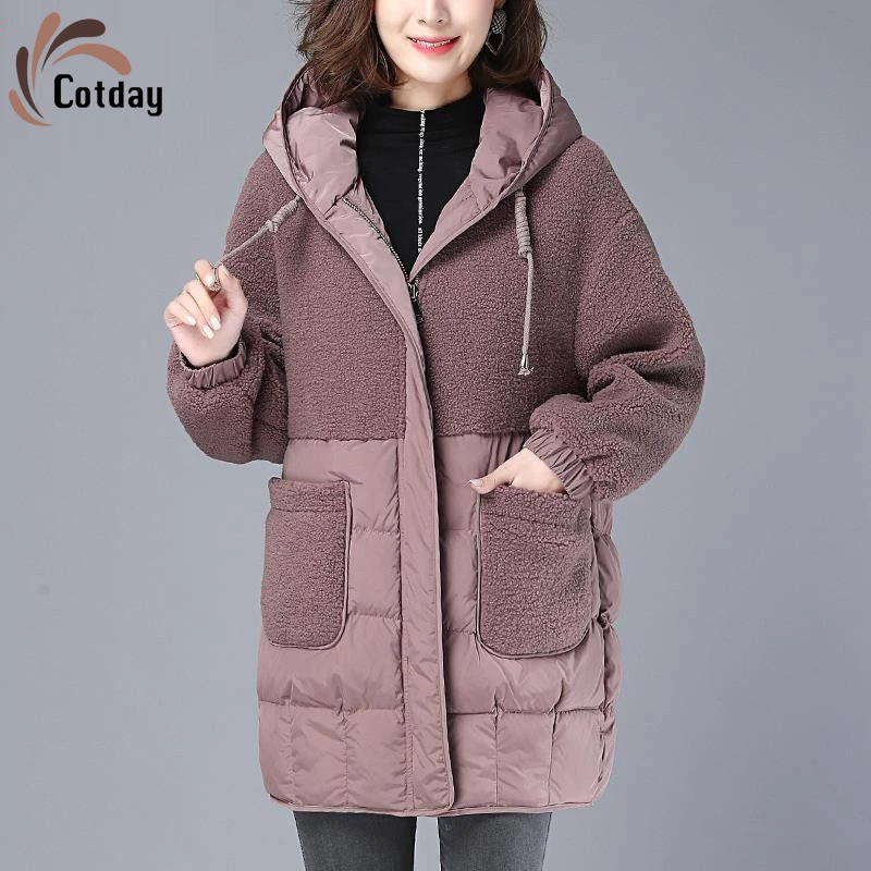 

Cotday Long Thick Lambswool Patchwork Fashionable Harajuku Turn-down Collar 2020 New Winter Warm Women Streetwear Jacket Coat
