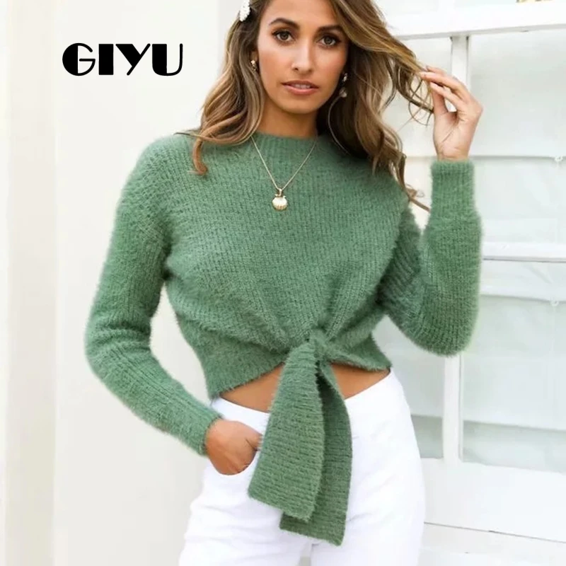 

GIYU O Neck Sweater Tie-up Long Sleeve Autumn Winter Basic Knitted Solid Jumpers Drop Shoulder Pullover sueter mujer invierno