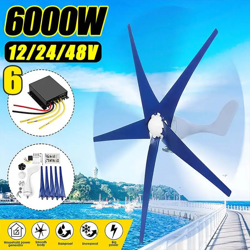 

Wind Turbines Generator 6000W 12V/24V/48V 3/5 Nylon Fiber Blade Horizontal Power Windmill Energy Turbines Charge Fit for Home