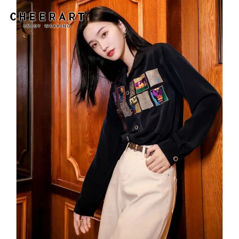 CHEERART блузка с вышивкой черная рубашка с длинными рукавами женский топ Корейская вышитая рубашка с воротниками Осенняя модная одежда