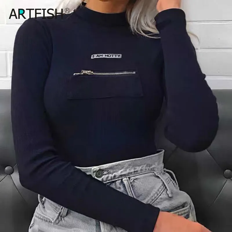 

Blue 2019 Autumn Knitted Warm Skinny Women Gothic Bodysuit Sexy Lady Letters Print Rompers Outfits Club Bodysuits Jumper GV276