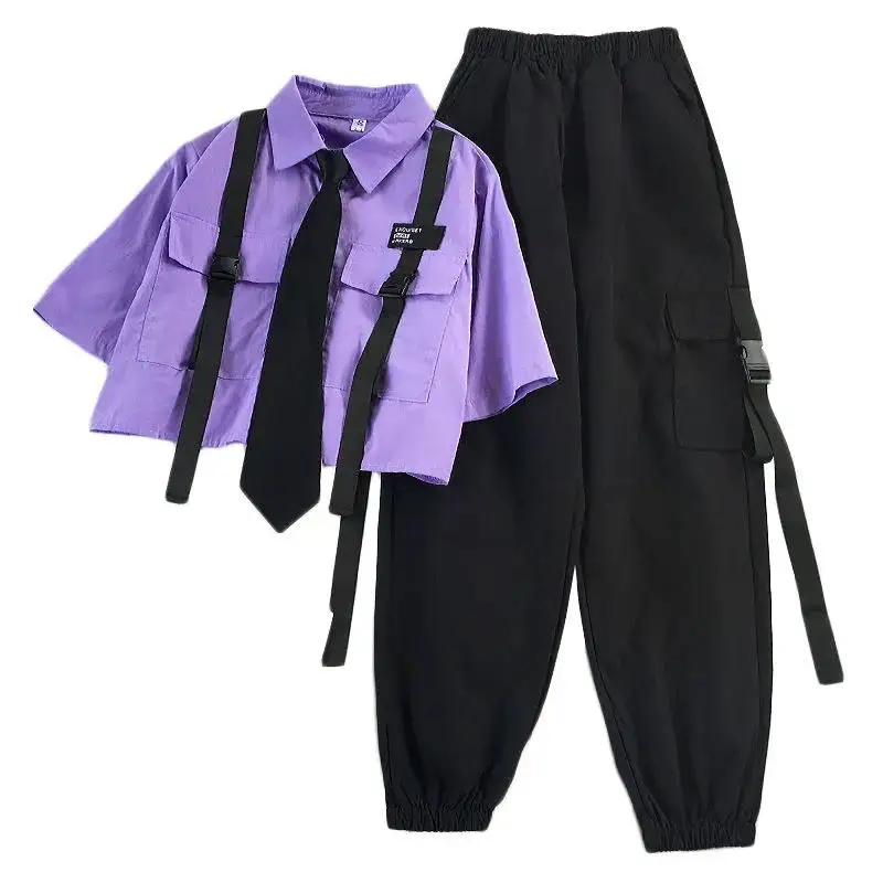Pantalones de calle de cintura alta para estudiantes, Pantalón Cargo de cinta recta, camisa holgada de manga corta con corbata, conjunto de dos piezas, otoño 2021