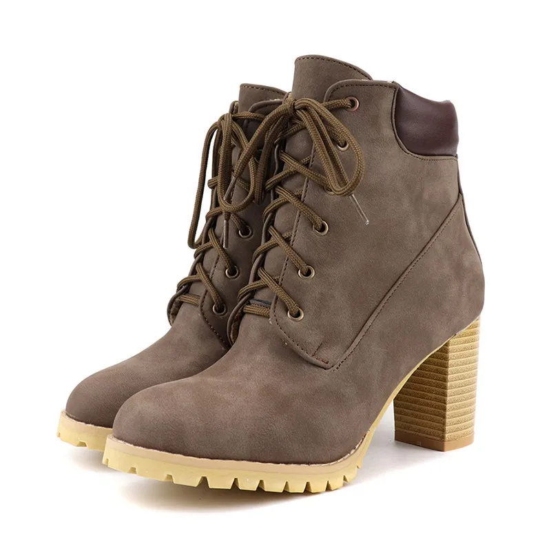 Taoffen/ботильоны для женщин; обувь на толстом каблуке со шнуровкой и круглым носком; Женская осенне-зимняя повседневная обувь; большие размеры 34-48