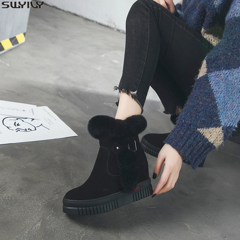 

SWYIVY New Nubuck Wedge Shoes Woman Winter Boots 2019 Warm Womens Boots Ankle Plush Zip Snow Women Shoes Rubber Ladies Booties
