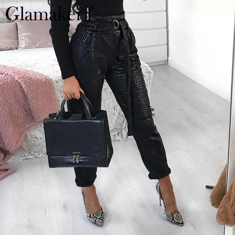 Черный Glamaker сексуальные черные обтягивающие брюки с высокой талией женские модные брюки из крокодиловой кожи женские уличные штаны со шнуровкой на поясе осенние - Цвет: Черный